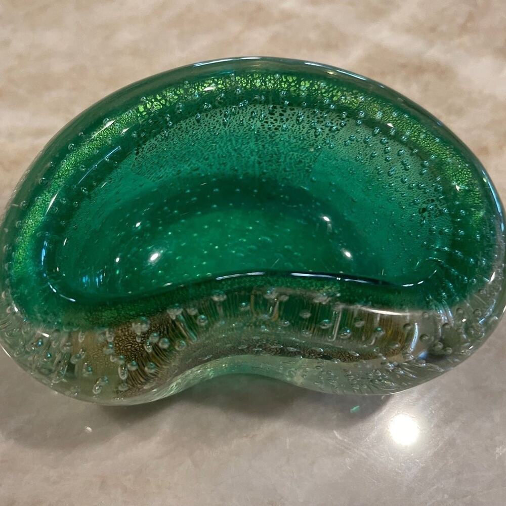 Vintage Murano glass candy dish Green with gold beautiful  bean shaped